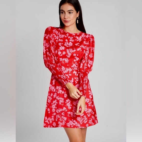 Never Fully Dressed Dresses & Skirts - Never Fully Dressed Delores Dress 10 Red Pink Floral ruched bishop sleeves $103